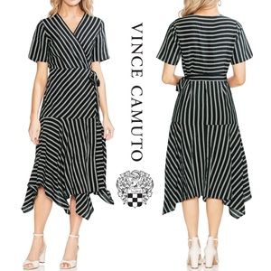 Vince Camuto Short Sleeve Handkerchief  Wrap Dress, Black/White Stripes Sz 4 NWT